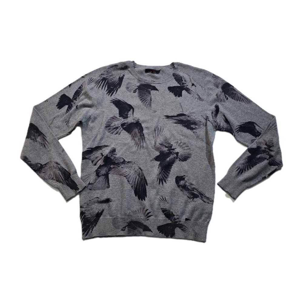 Ed Hardy Bird AOP Sweater Mens S Gray Beige LS Office Cottage Y2K Grunge Cotton